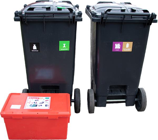 De 2 standard affaldsbeholdere og miljøkassen